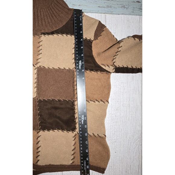 Harolds Linen Cotton Mock Neck Patchwork Sweater Cropped Brown Retro MED 70s Hip - Picture 7 of 11